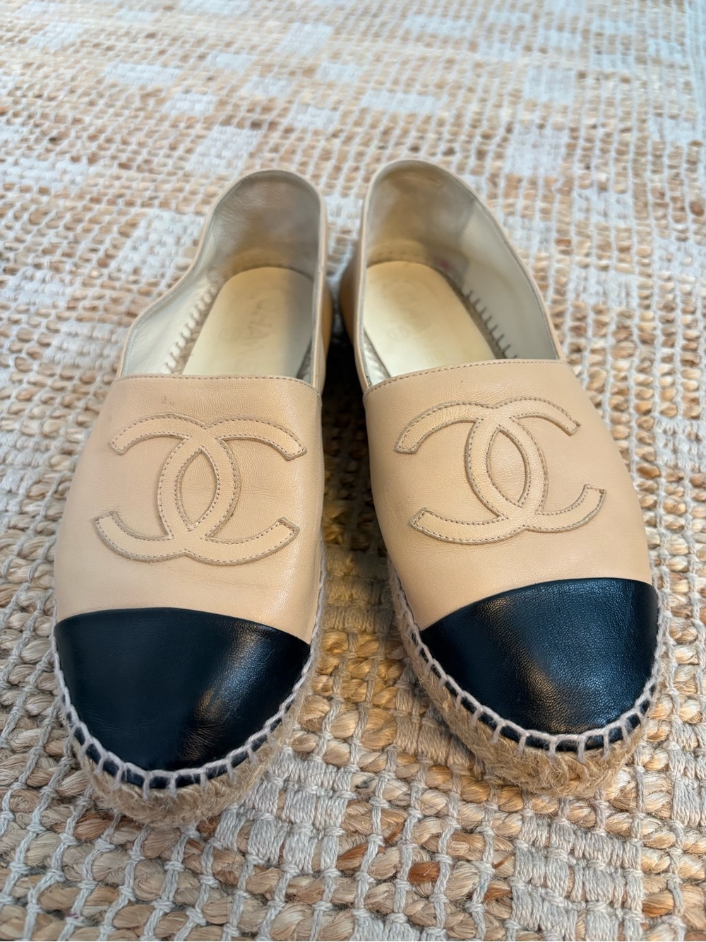 CHANEL Beige Leather Espadrilles with Black Cap Toe